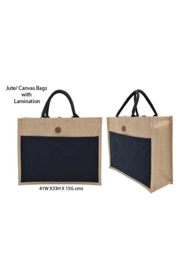 Fatio Set of 10 Eco-Friendly Jute Canvas Bags – Natural Jute & Black Canvas with Button - Image 3